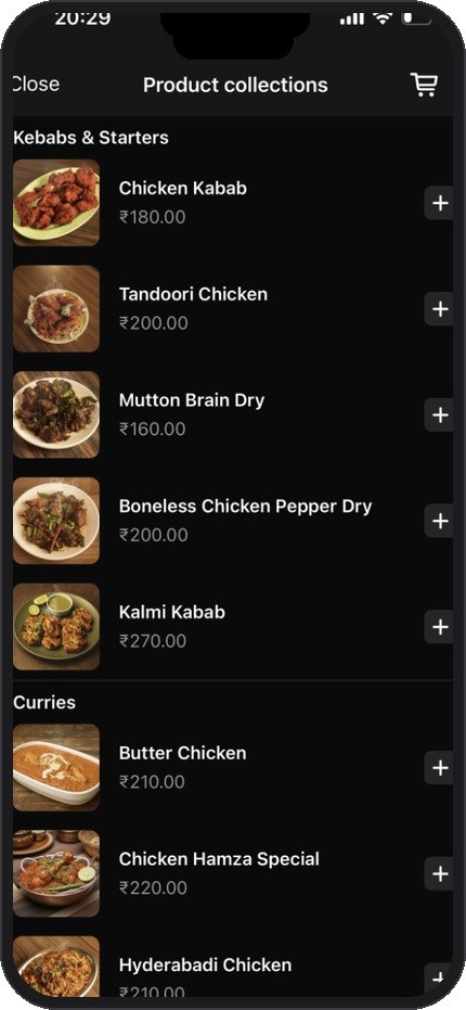 Product catalog — Kebabs, Curries with photos and prices