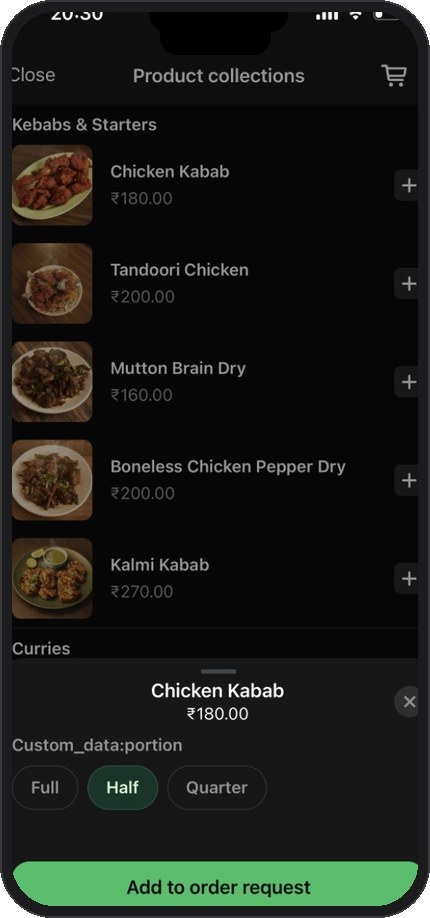Chicken Kabab item detail with portion selector