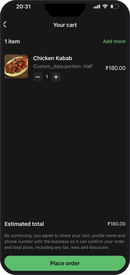 Cart — 1 Chicken Kabab Half Rs 180, Place order button