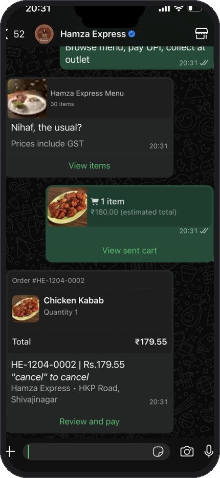 Order confirmed in chat with order number and Review and pay button