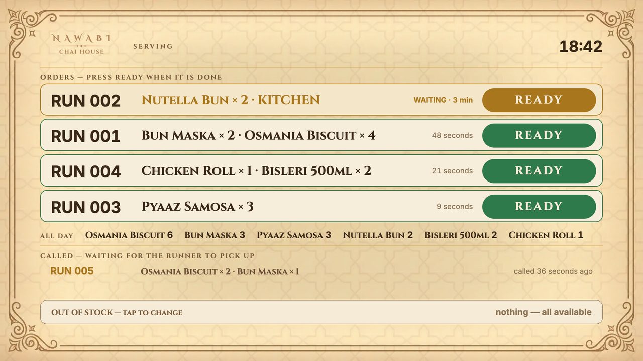 Counter screen listing runner orders, each with a READY button