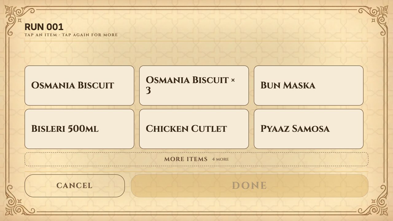 Shared runner tablet at the counter, showing the item buttons for a runner's order