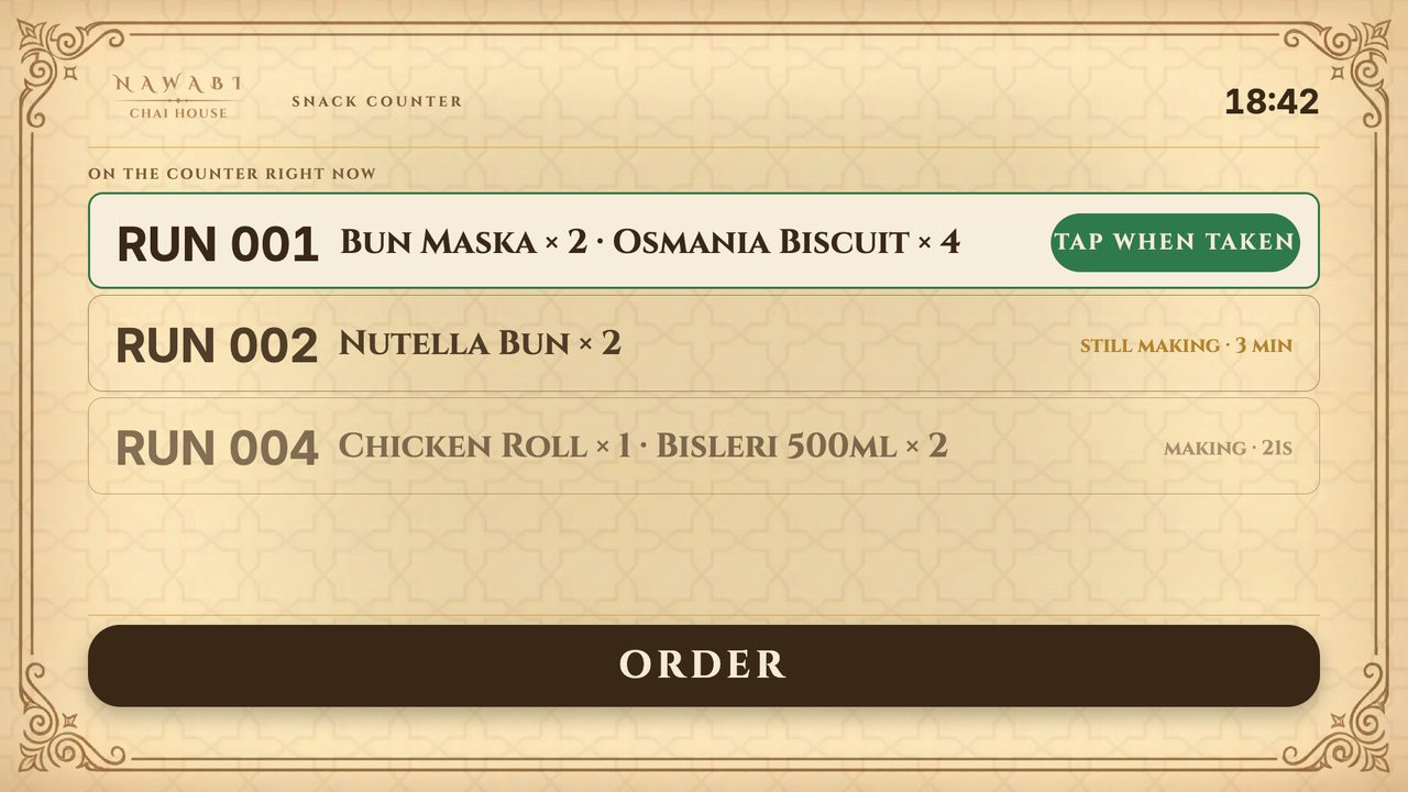 Shared runner tablet showing a ready order for RUN 001 with the TAP WHEN TAKEN button